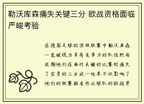 勒沃库森痛失关键三分 欧战资格面临严峻考验